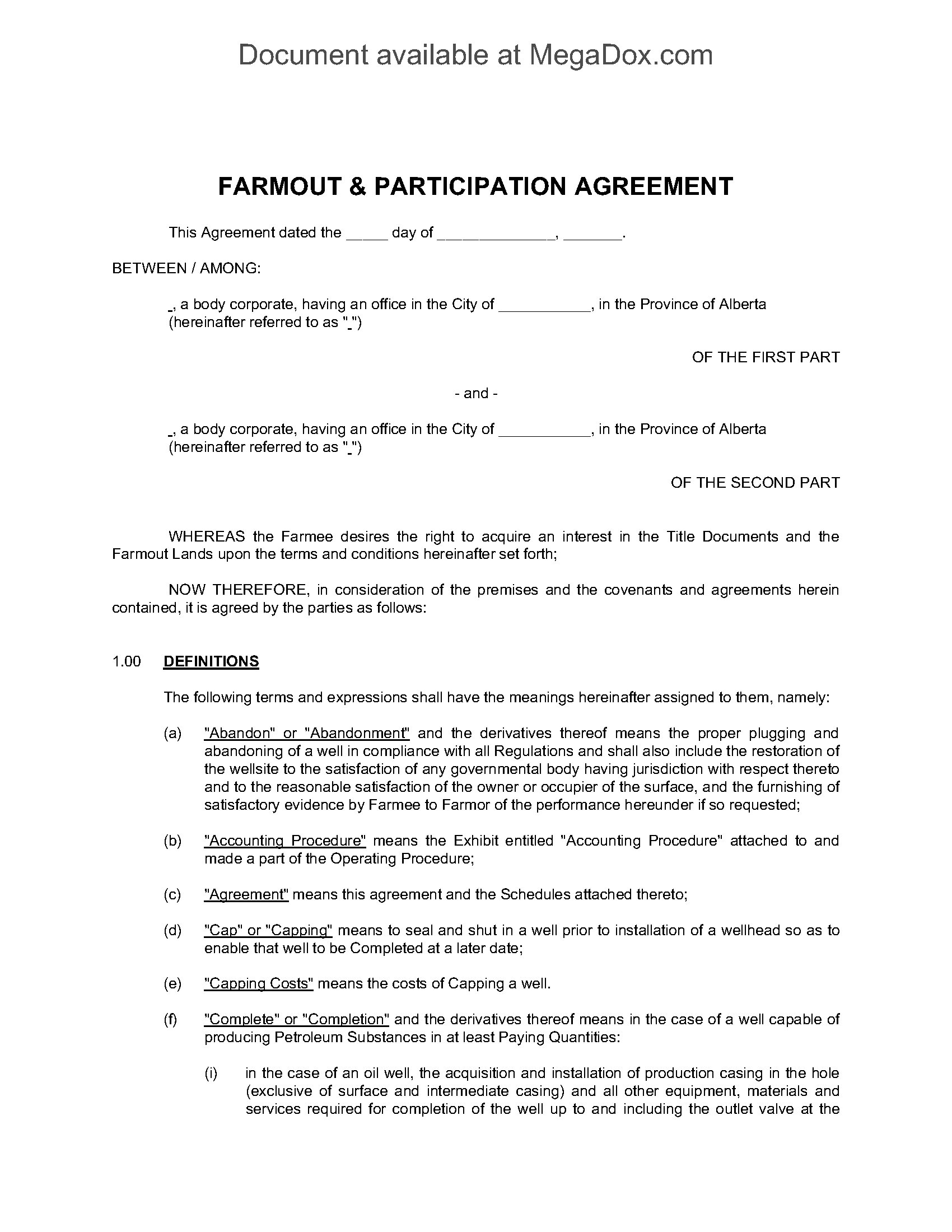Alberta Farmout And Participation Agreement Legal Forms And Business Templates Megadox Com