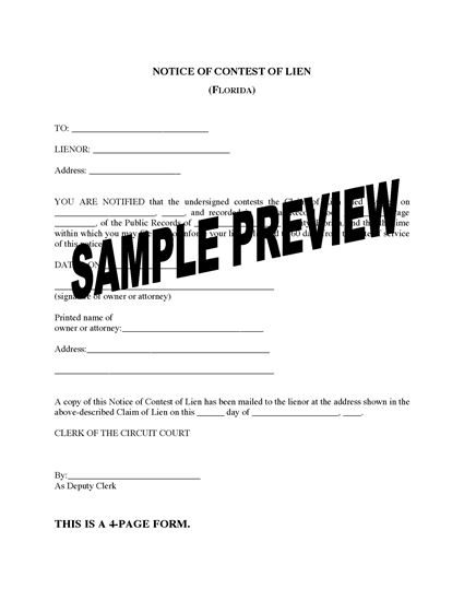 Picture of Florida Notice of Contest of Lien