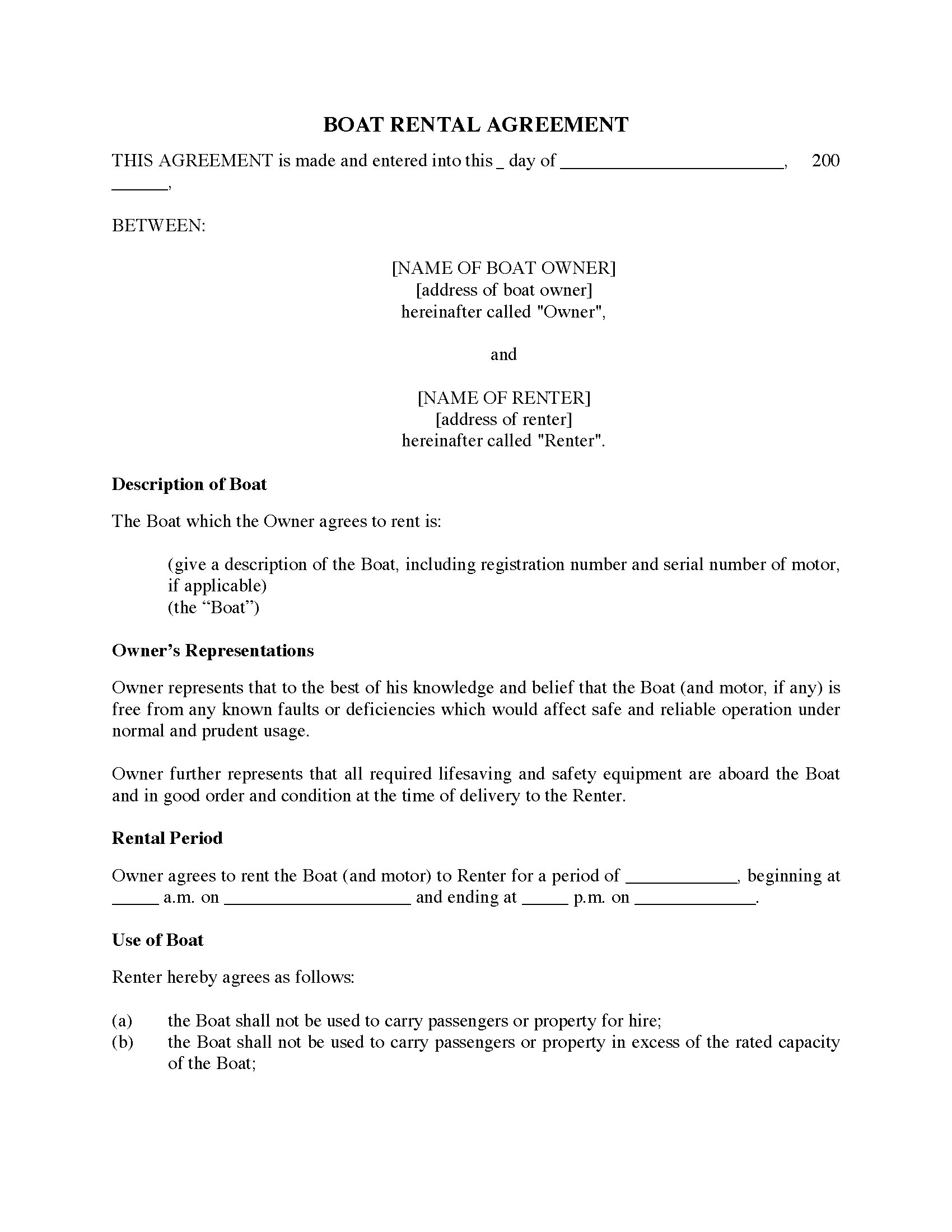 Canada Boat Rental Agreement Legal Forms and Business Templates