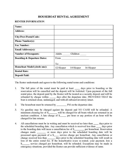 Picture of Canada Houseboat Rental Agreement