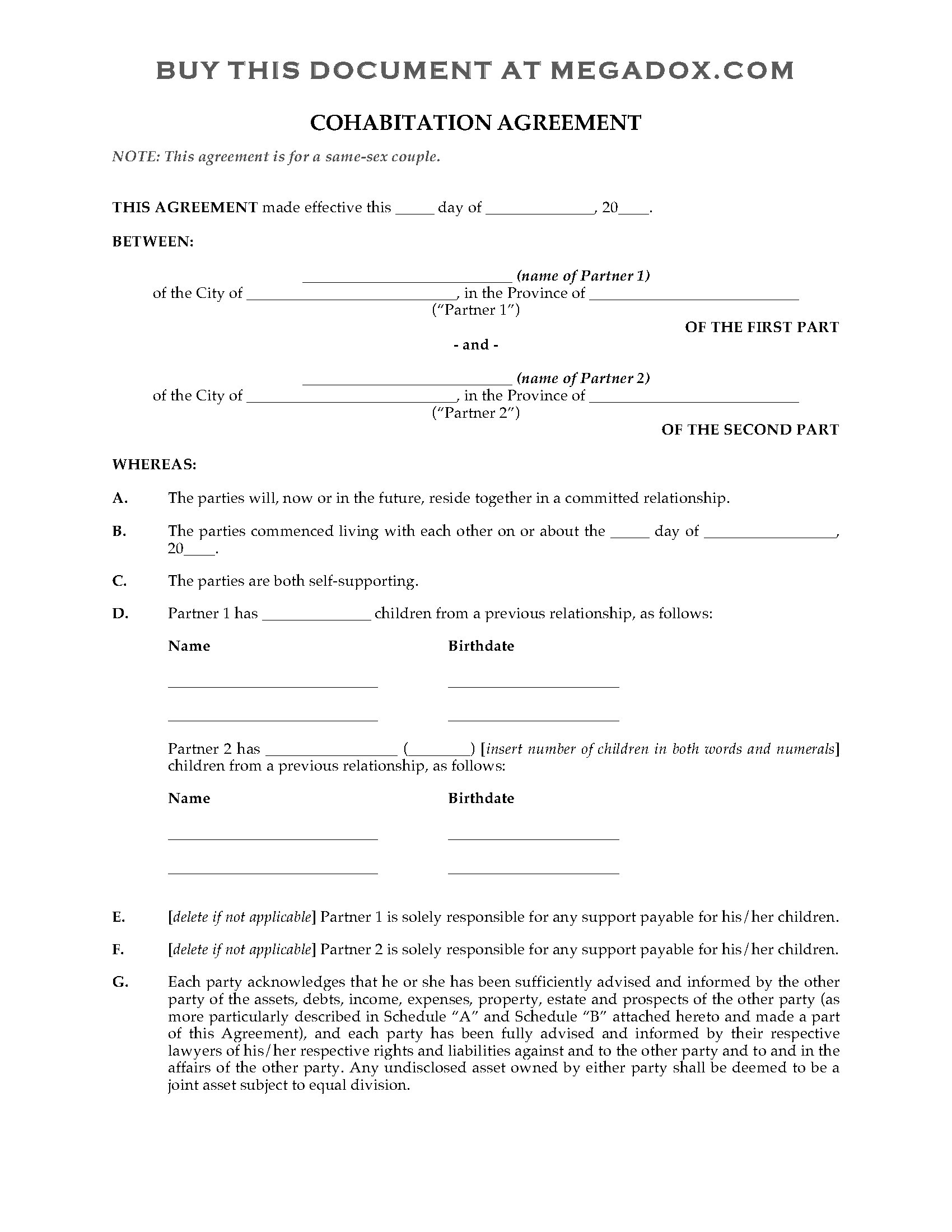Canada Cohabitation Agreement For Same Sex Couple Legal Forms