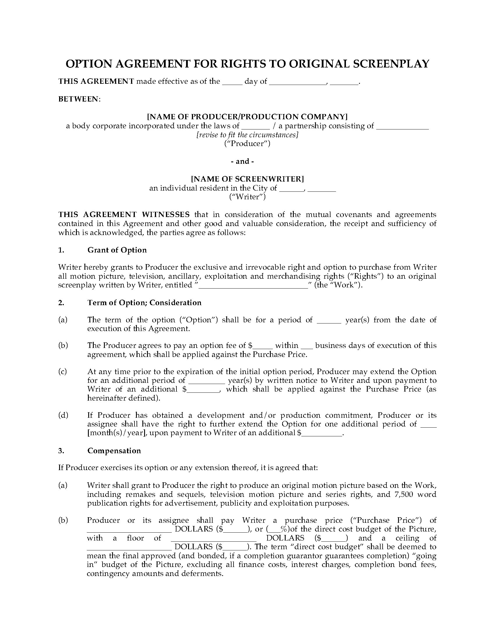 Option Agreement for Rights to Original Screenplay  Legal Forms Within screenplay option agreement template