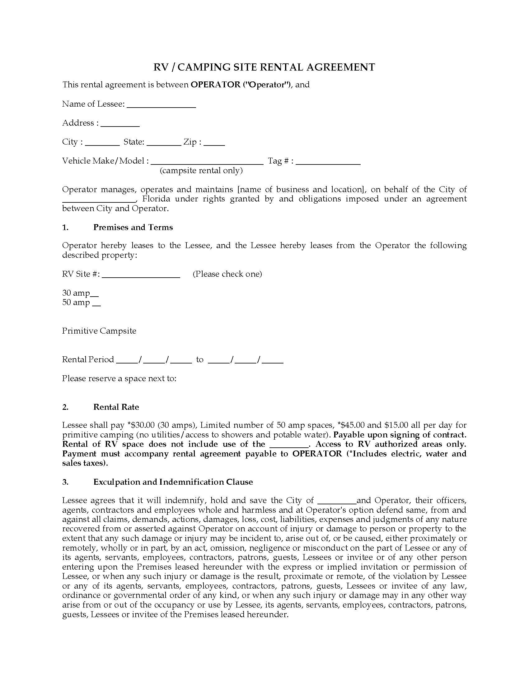 Florida RV / Camping Site Rental Agreement  Legal Forms and For rv rental agreement template