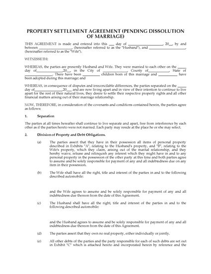 Picture of USA Property Settlement Agreement Pending Dissolution of Marriage