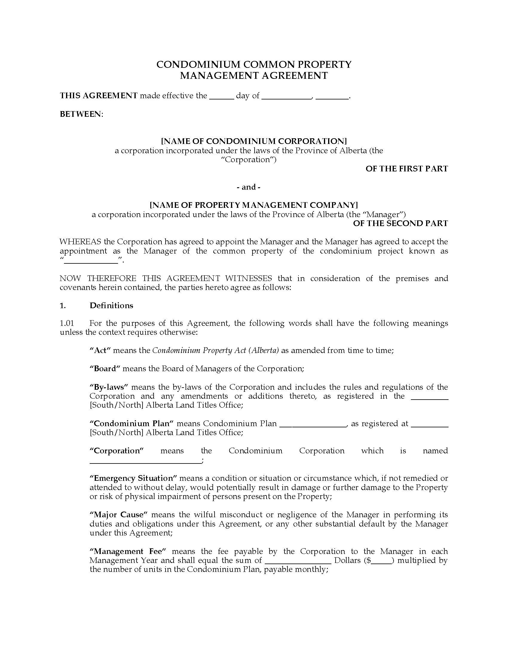 Alberta Condo Common Property Management Agreement  Legal Forms In free commercial property management agreement template