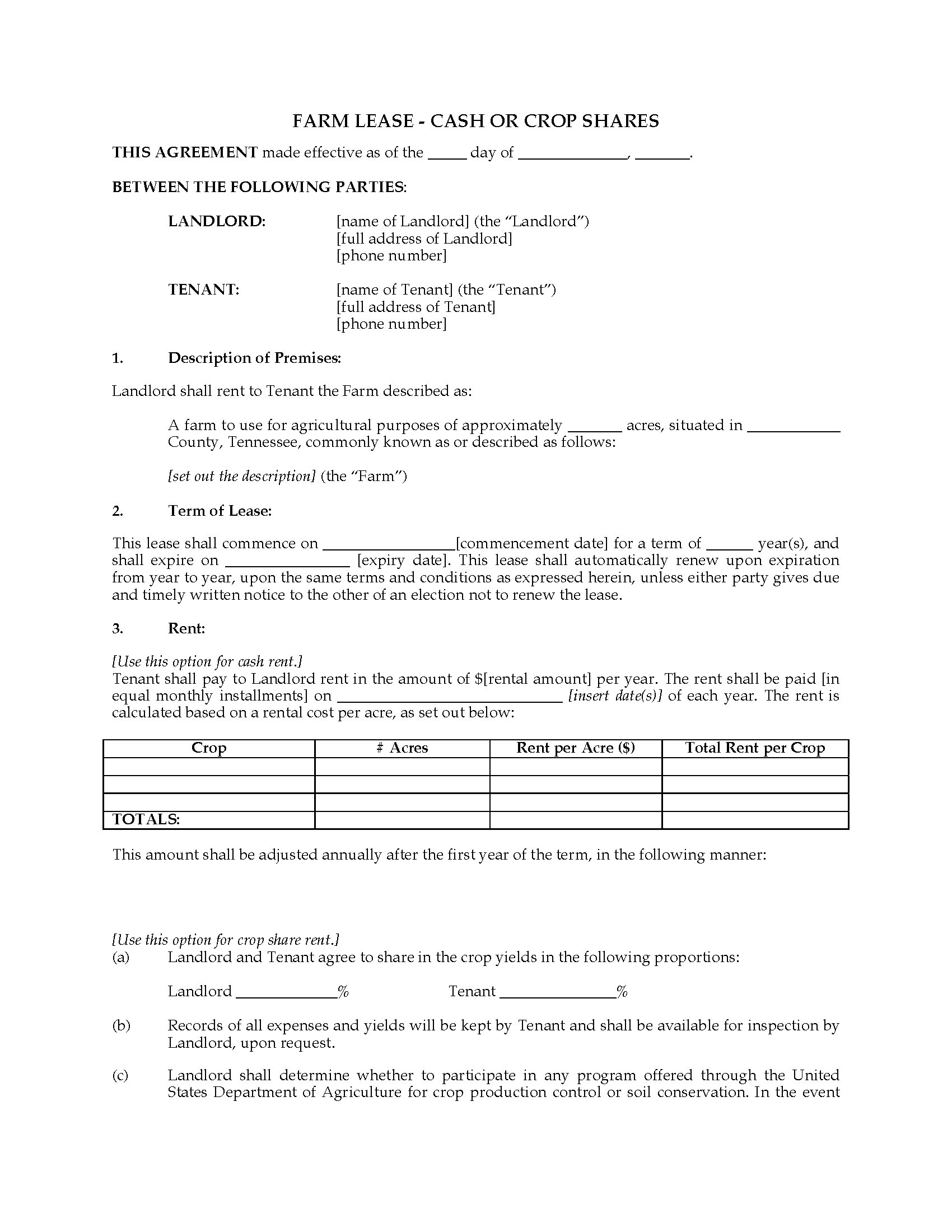 Tennessee Farm Lease for Cash or Crop Shares Legal Forms and Business