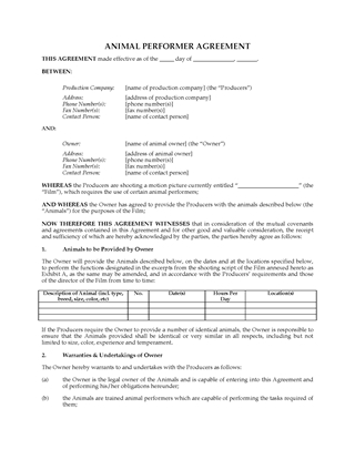 Picture of Animal Performer Agreement for Film and TV