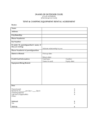 Picture of Tent & Camping Equipment Rental Agreement