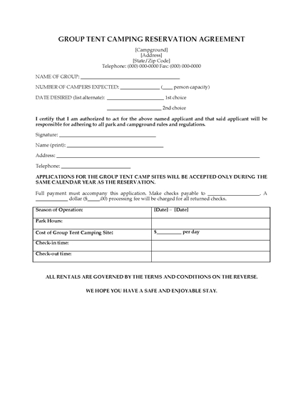 Picture of Group Tent Camping Agreement | USA