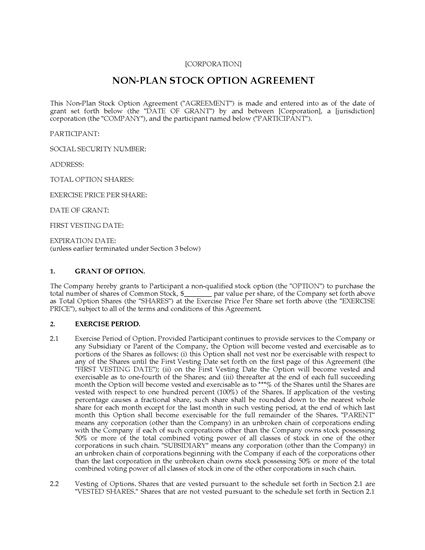 Picture of USA Non-Plan Stock Option Agreement