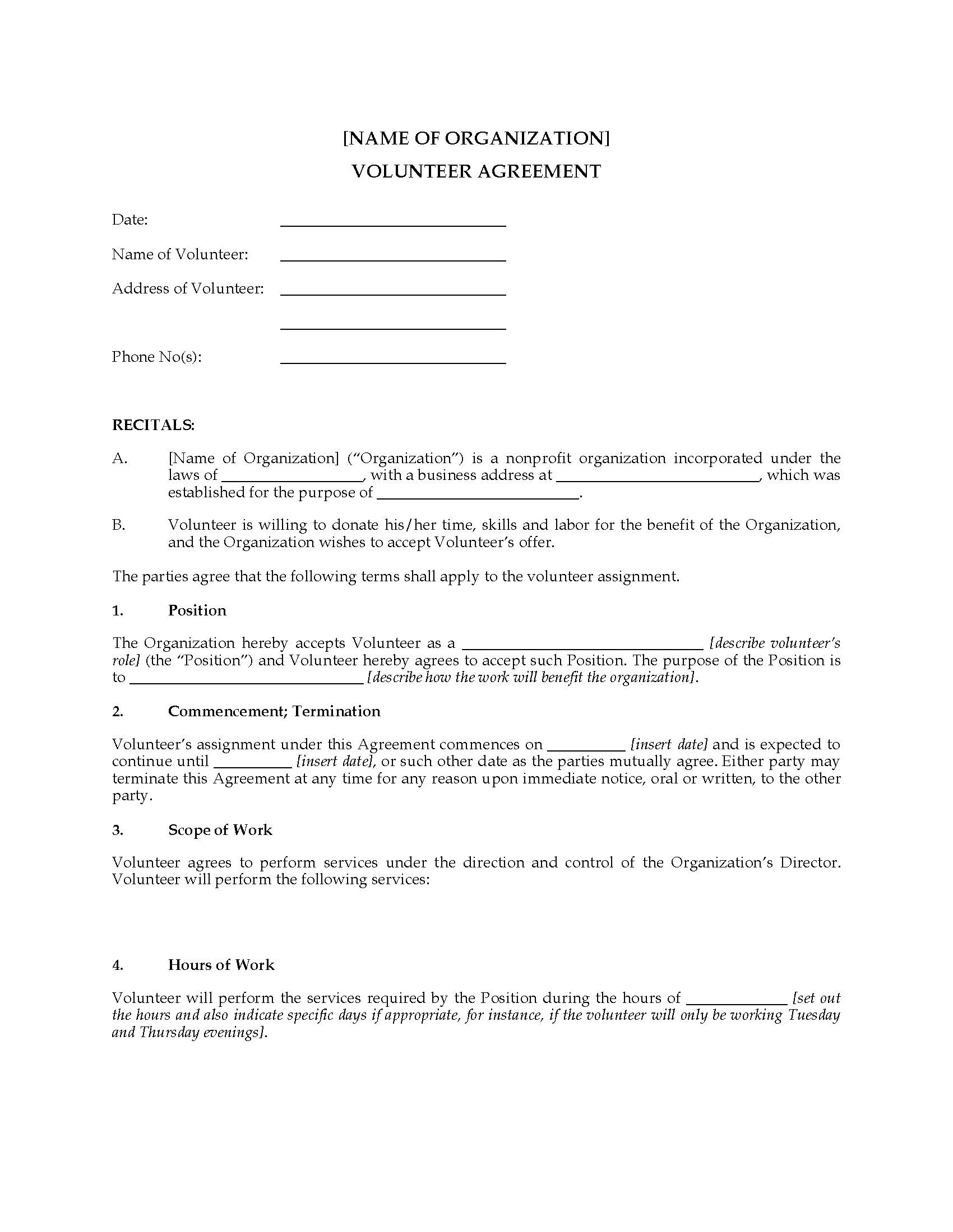 Volunteer Agreement Form Legal Forms and Business Templates