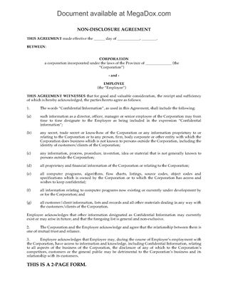 Picture of Employee Nondisclosure Agreement | Canada