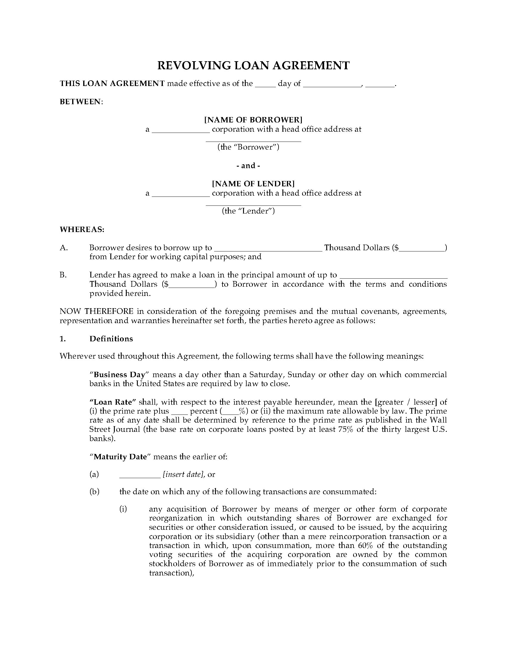 USA Revolving Loan Agreement  Legal Forms and Business Templates Within revolving credit facility agreement template