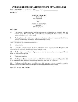 Picture of Working Time Regulations Opt-Out Agreement | UK