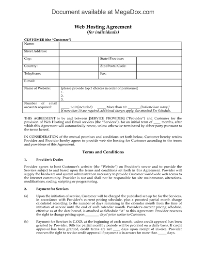 Picture of Web Hosting Agreement for Individual Customers
