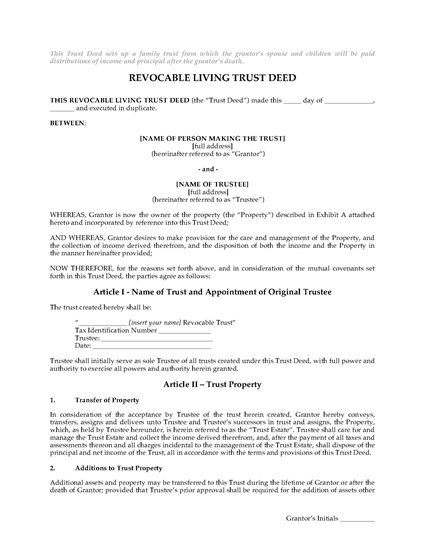 Picture of Revocable Living Trust Deed for Family Trust | USA