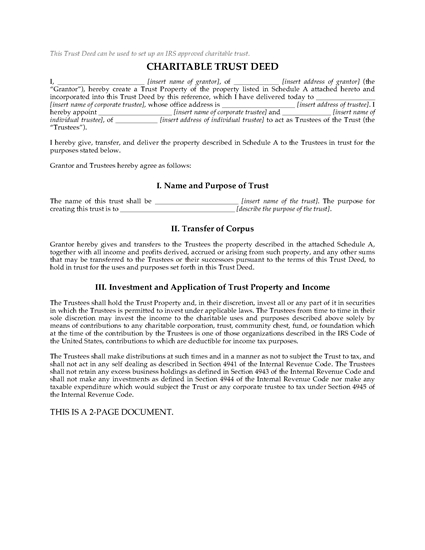 Picture of Charitable Trust Deed | USA