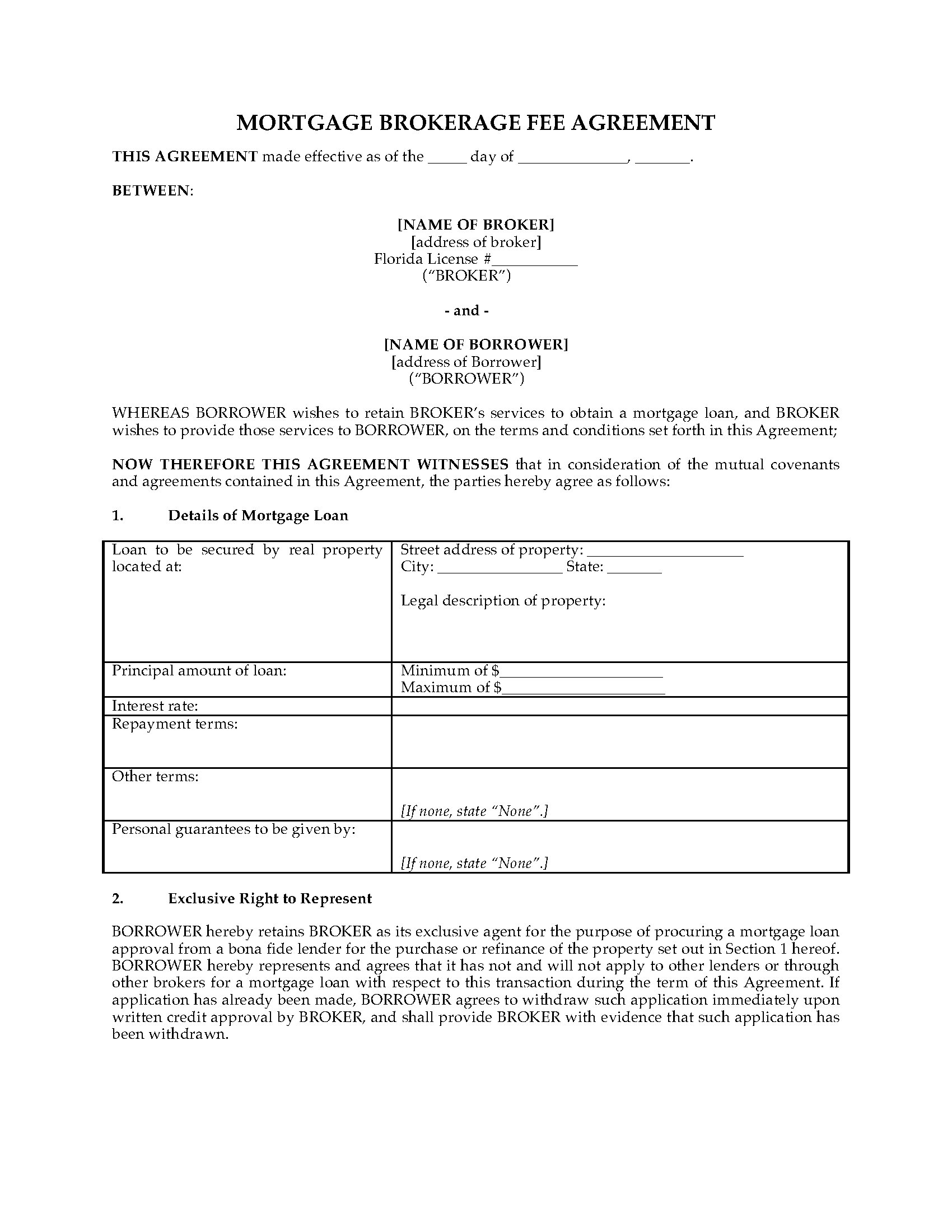 Florida Mortgage Brokerage Fee Agreement  Legal Forms and Throughout commercial mortgage broker fee agreement template