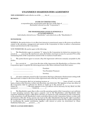 Picture of Shareholders Agreement for S Corporation | USA