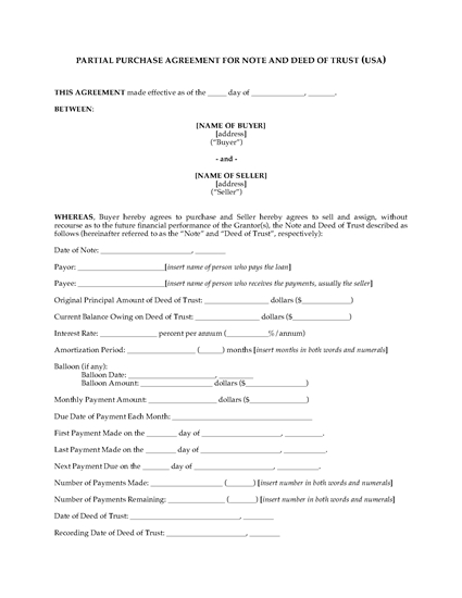 Picture of Partial Purchase Agreement for Note and Deed of Trust | USA