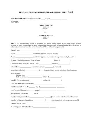 Picture of USA Purchase Agreement for Deed of Trust