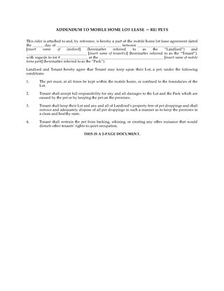 Picture of Pet Addendum for Mobile Home Lot Lease