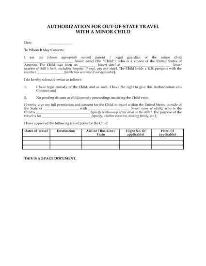 Picture of USA Parental Authorization for Travel with Minor Child