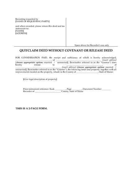 Picture of Maine Quitclaim Deed Without Covenant or Release Deed