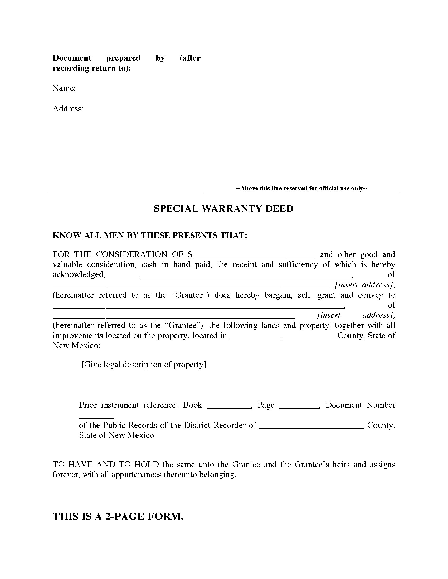 New Mexico Special Warranty Deed Legal Forms And Business Templates Megadox Com