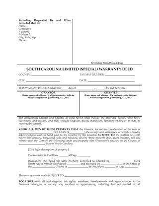 Picture of South Carolina Limited (Special) Warranty Deed
