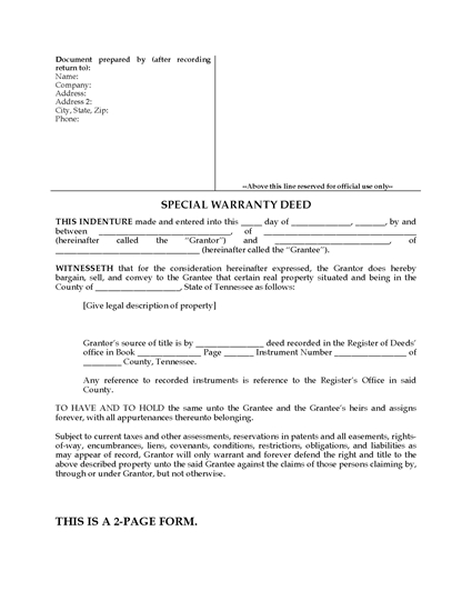 Picture of Tennessee Special Warranty Deed