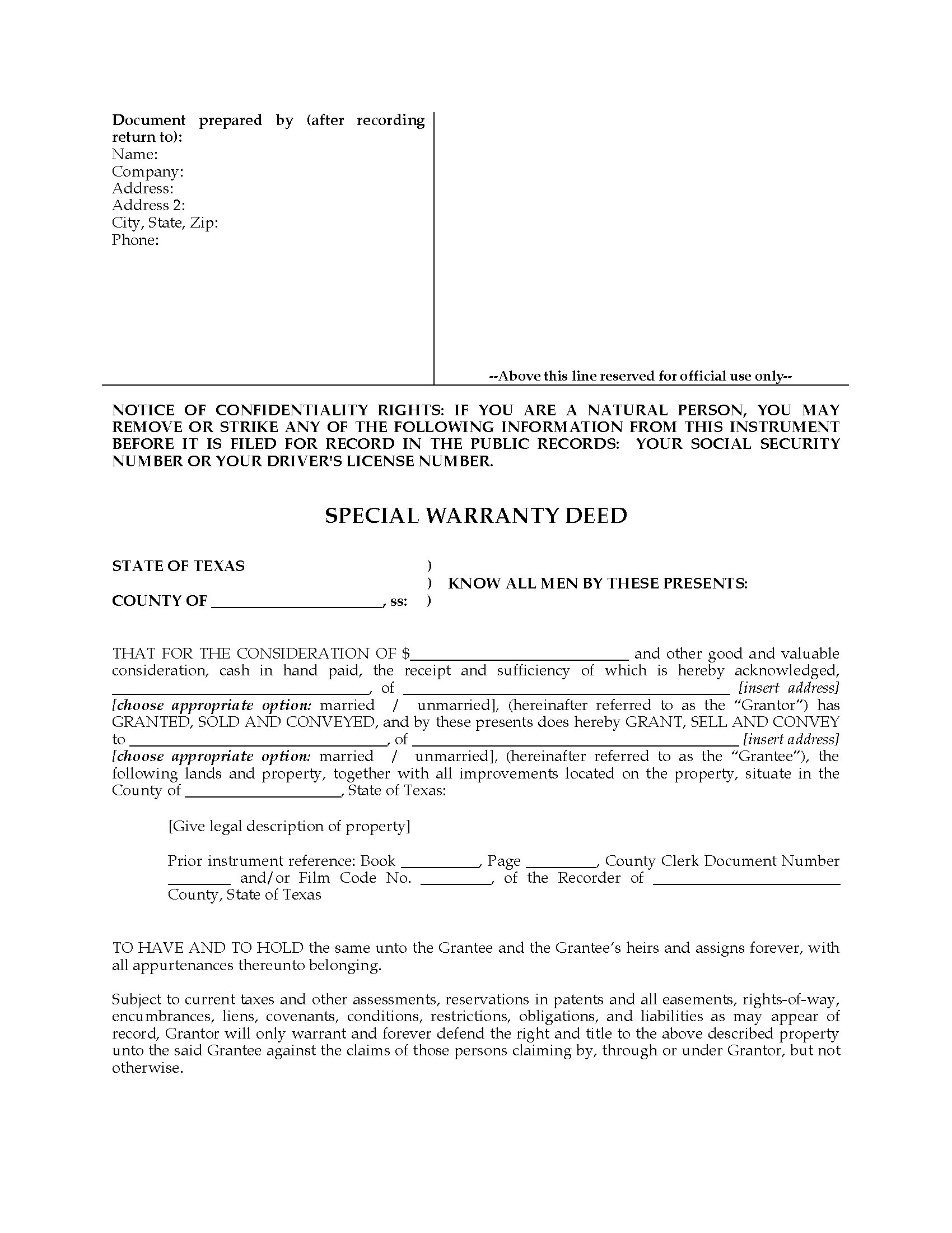 Texas Special Warranty Deed Legal Forms And Business Templates Megadox Com