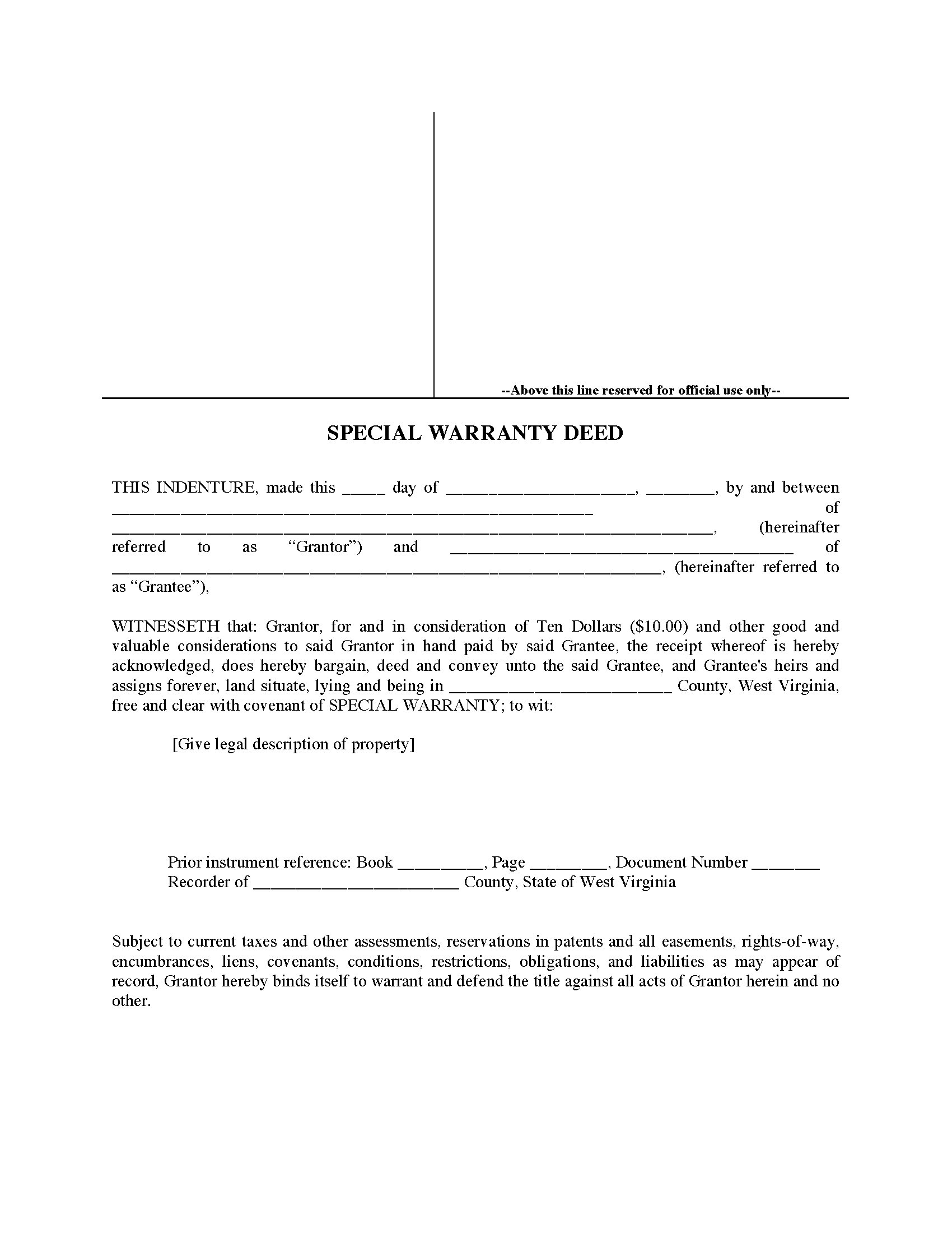 West Virginia Special Warranty Deed Legal Forms And Business Templates Megadox Com