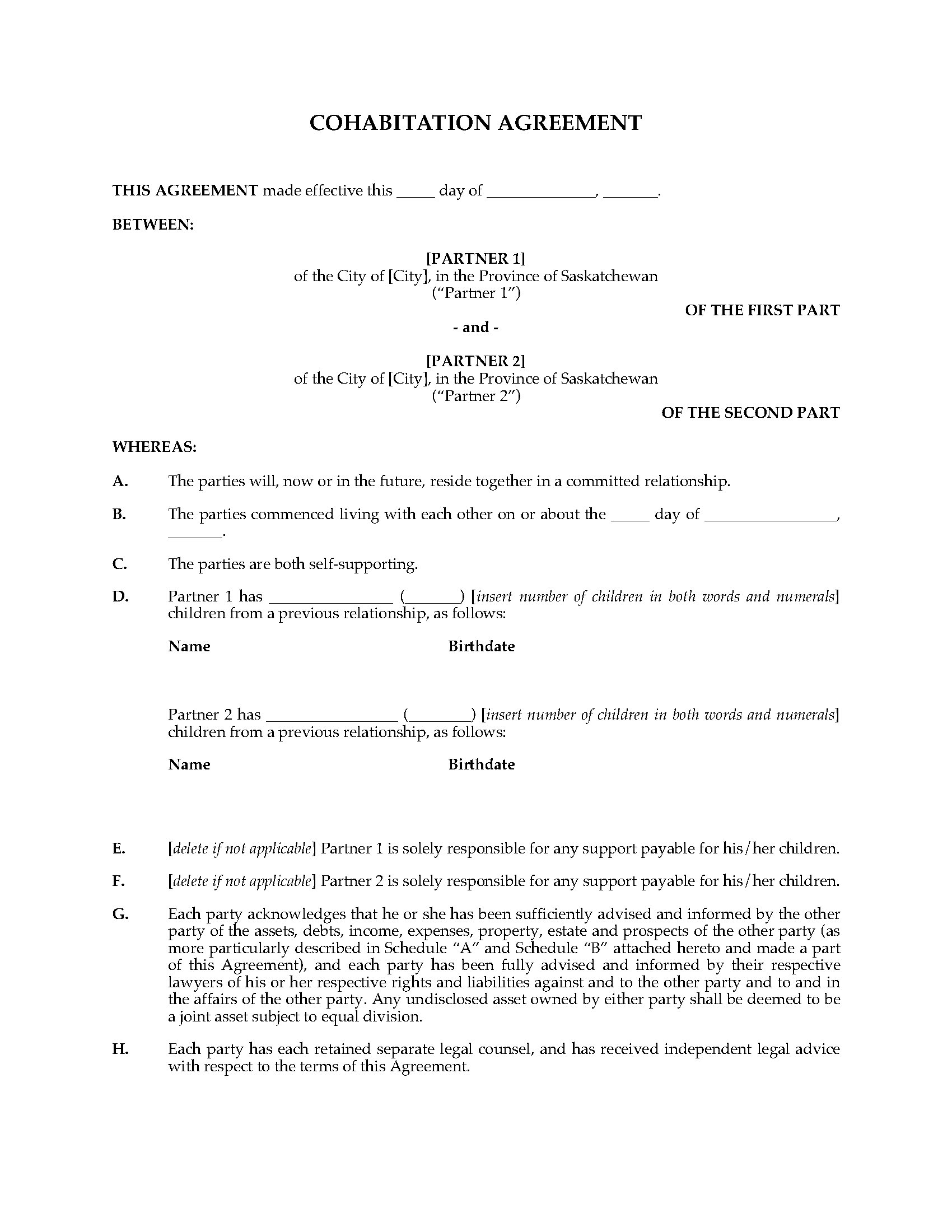 Saskatchewan Cohabitation Agreement  Legal Forms and Business In free cohabitation agreement template