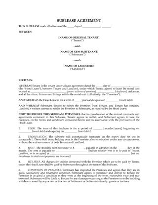 Picture of Arkansas Residential Sublease Agreement