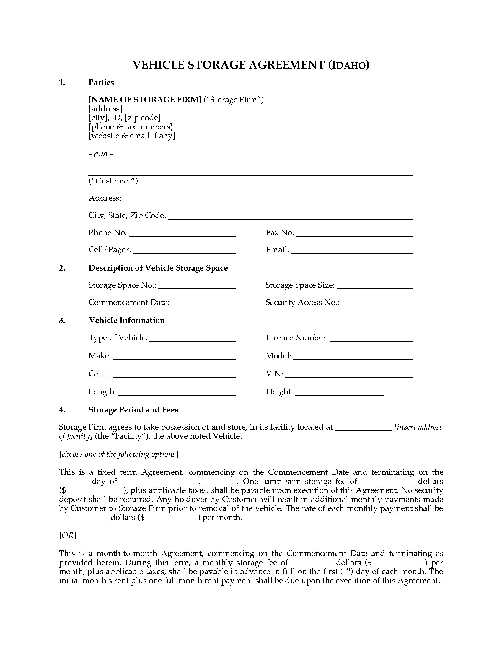 Idaho Vehicle Storage Agreement Legal Forms and Business Templates