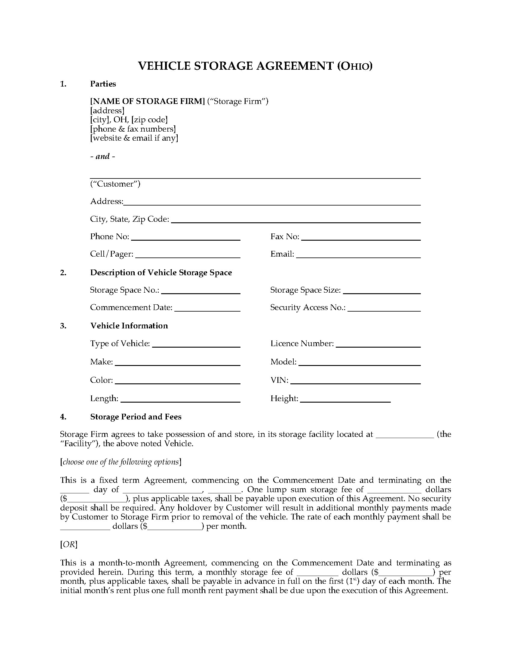 Ohio Vehicle Storage Agreement Form  Legal Forms and Business Within lease of vehicle agreement template