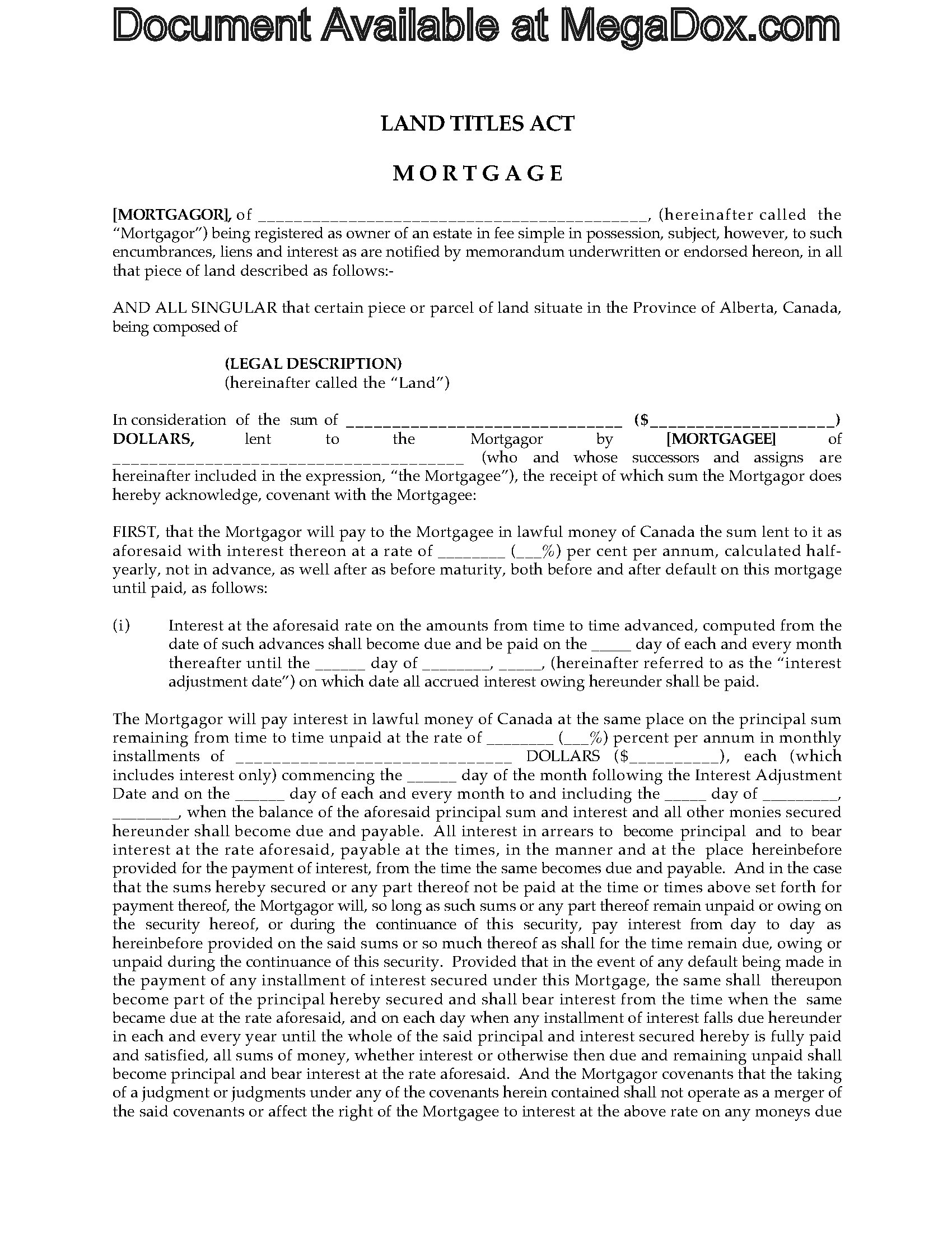 Alberta Vendor Take-Back Mortgage  Legal Forms and Business Pertaining To vendor take back agreement template