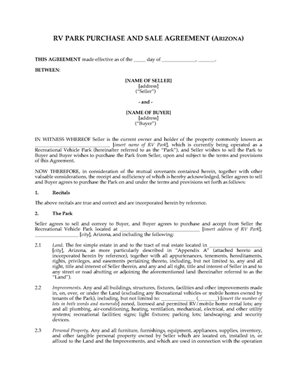 Picture of Arizona RV Park Purchase and Sale Agreement