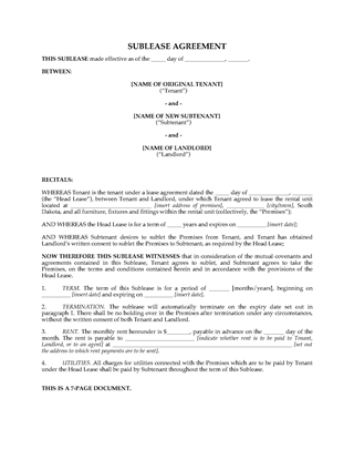 Picture of South Dakota Residential Sublease Agreement