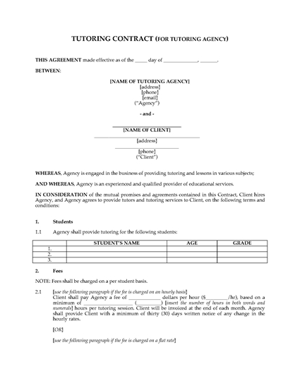 Picture of Tutoring Contract Between Agency and Client