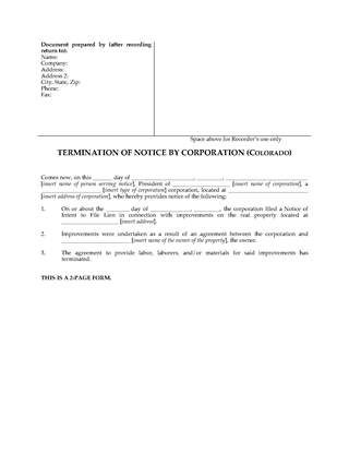 Picture of Colorado Termination of Notice by Corporation