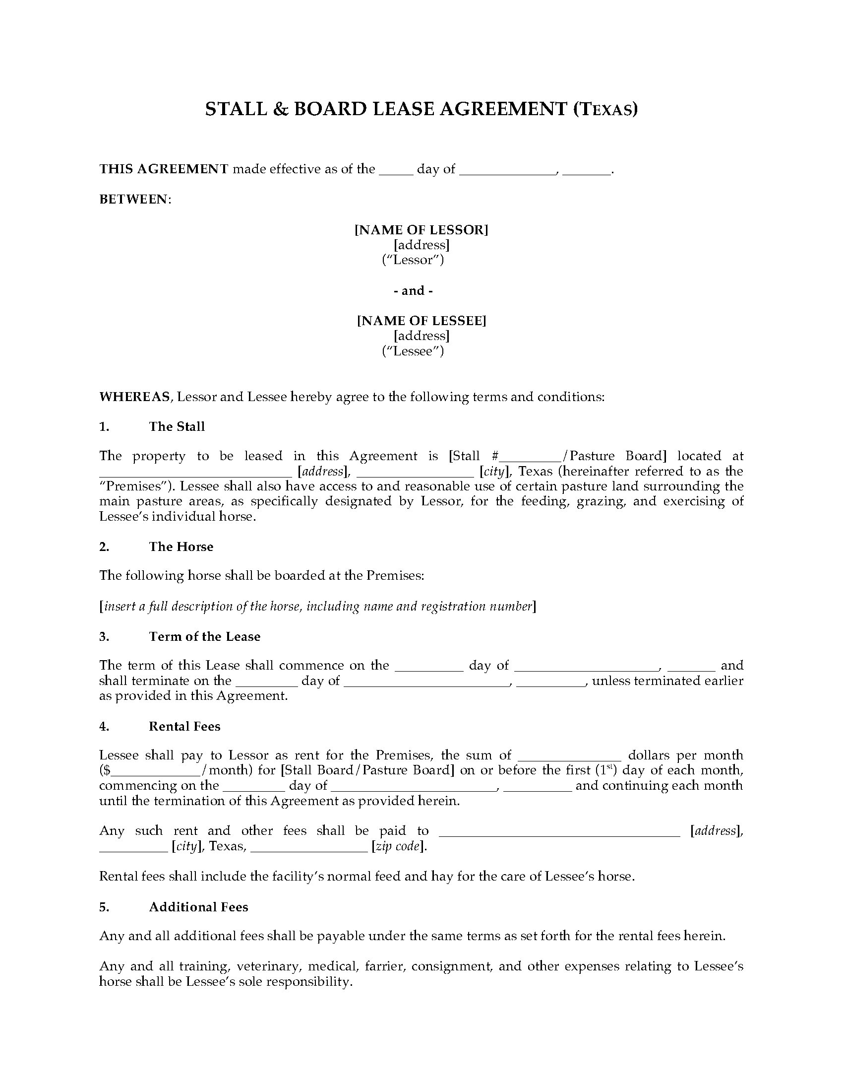 Texas Horse Boarding and Stall Lease Agreement Legal Forms and