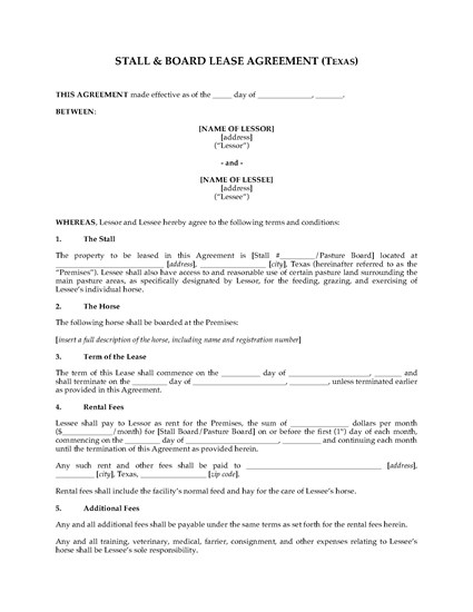 Picture of Texas Horse Boarding and Stall Lease Agreement