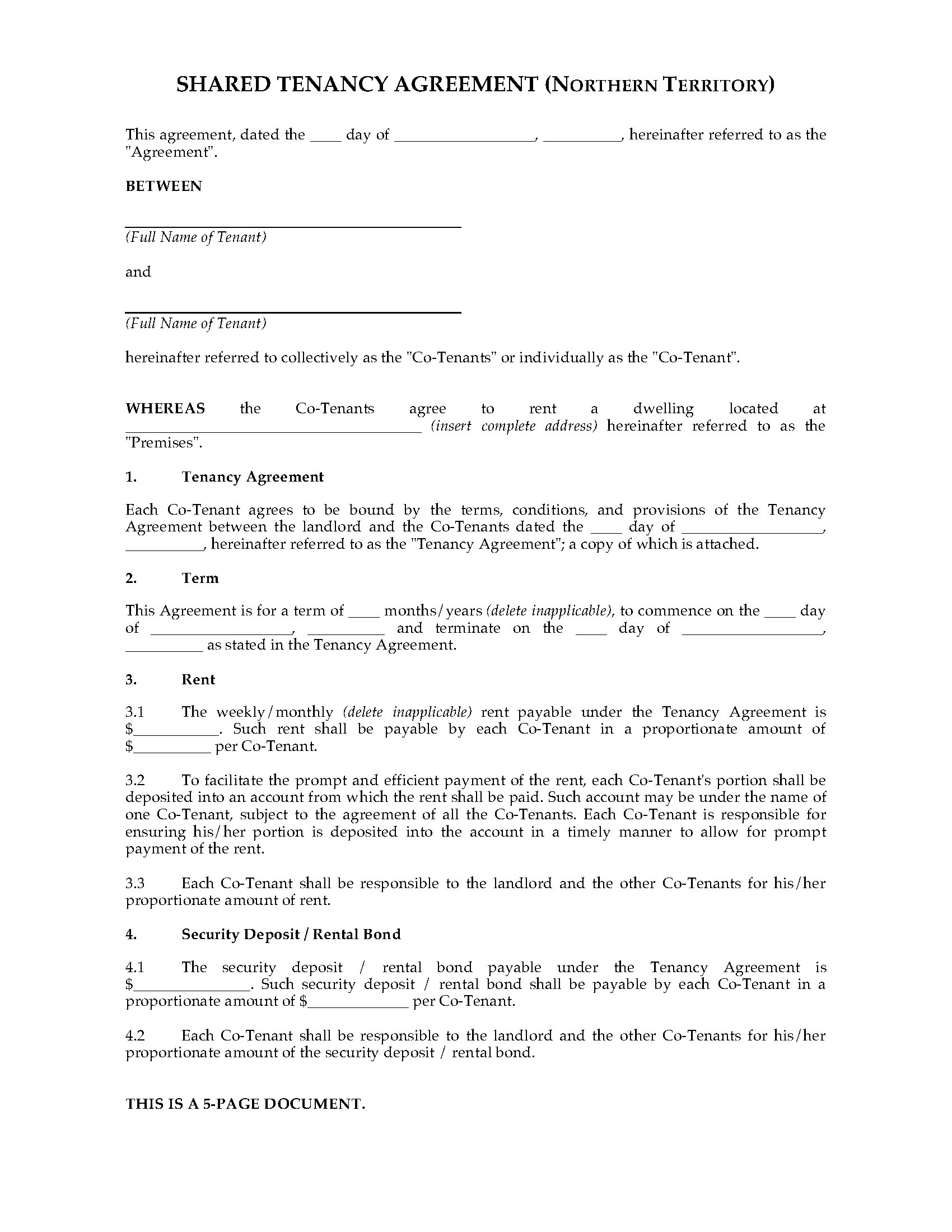 Tenancy Agreement Template Nt Hq Printable Documents