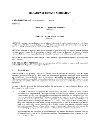 Picture of Broadcast License Agreement for TV and Internet