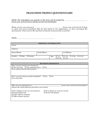 Picture of Franchisee Profile Questionnaire