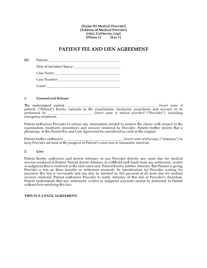 Picture of California Patient Fee and Lien Agreement