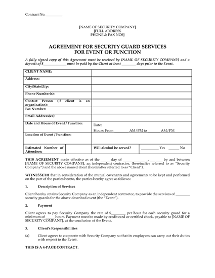 Picture of Security Guard Agreement for Event or Function | USA