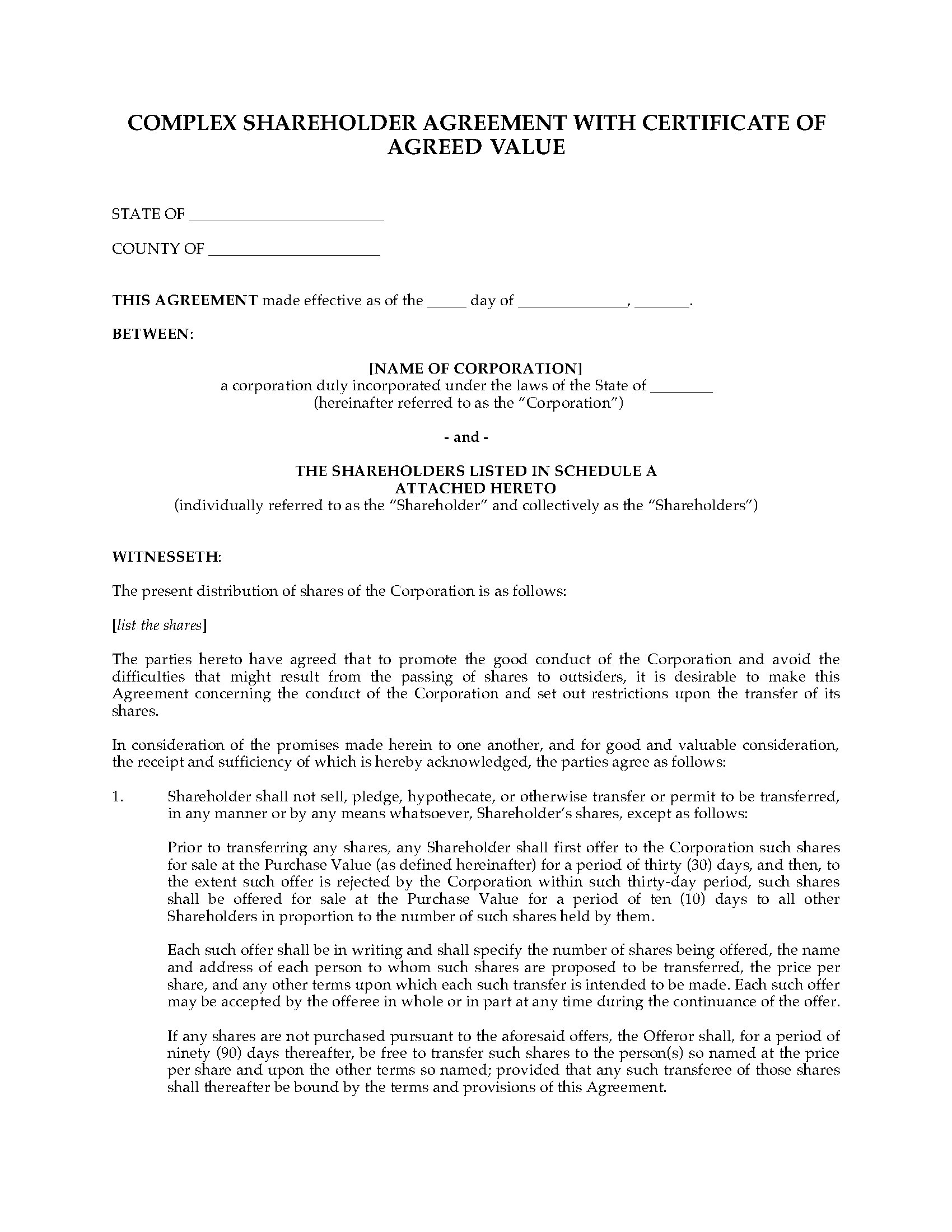 USA Shareholder Agreement with Certificate of Agreed Value  Legal Within s corp shareholder agreement template